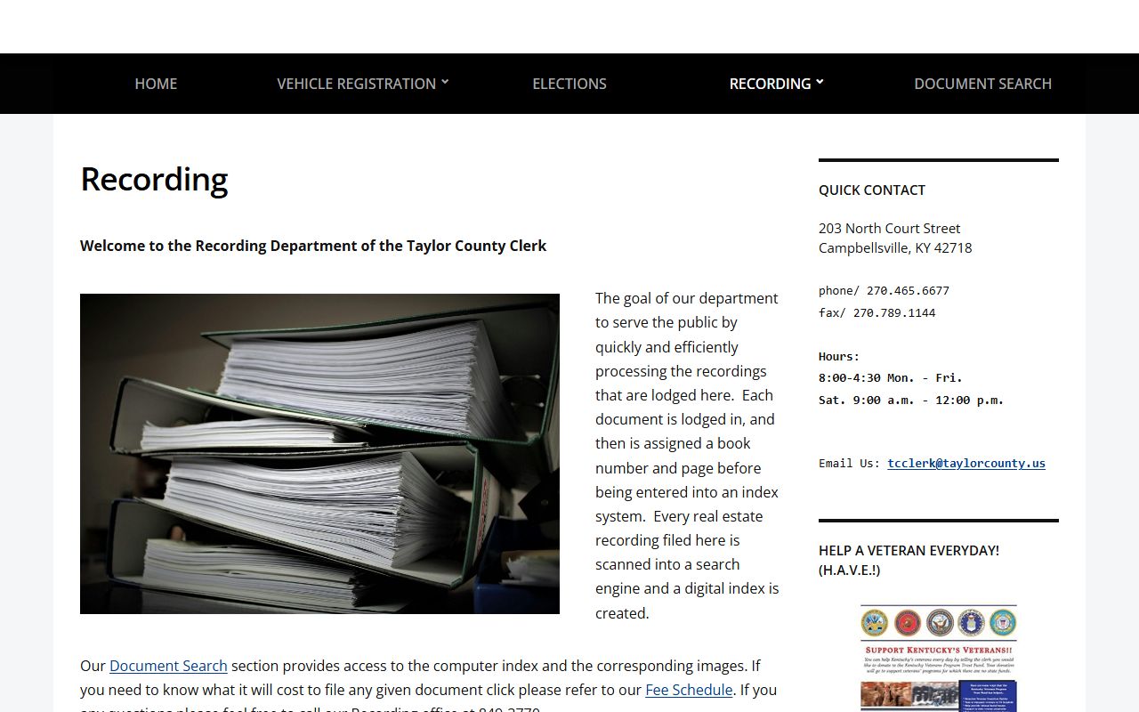 Taylor County Circuit Court Clerk page showing county clerk recording distinction