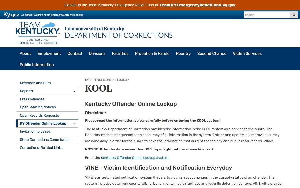 Taylor County inmate search using Kentucky DOC KOOL information page