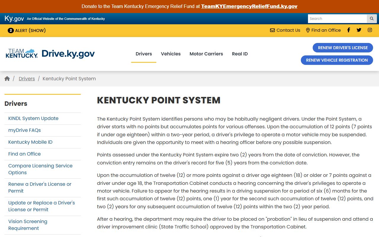 Taylor County traffic court records Kentucky driver point system