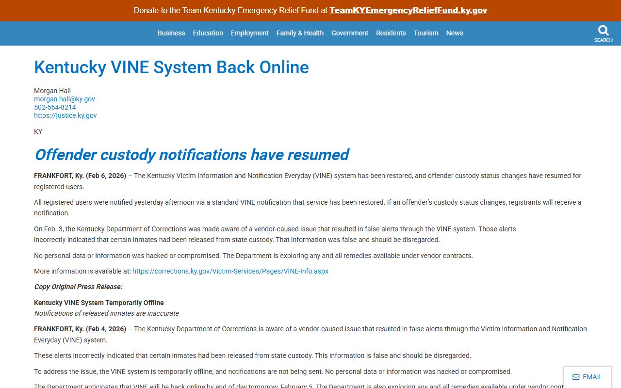 Taylor County warrant custody notification context from Kentucky VINE restoration notice